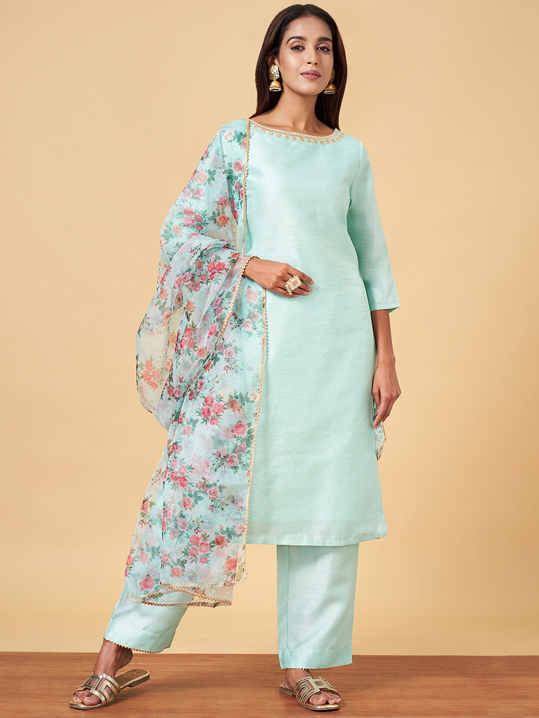 

YU by Pantaloons Boat Neck Thread Work Kurta With Palazzos & Dupatta, Blue