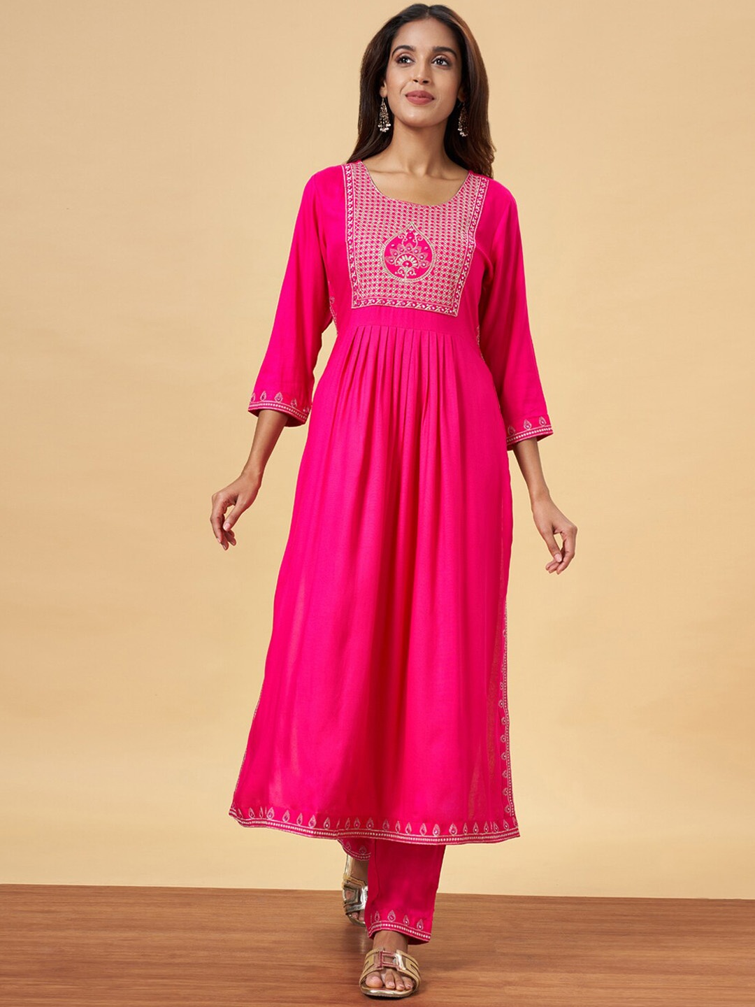 

YU by Pantaloons Ethnic Motifs Yoke Design Thread Work Anarkali Kurta With Palazzos, Pink