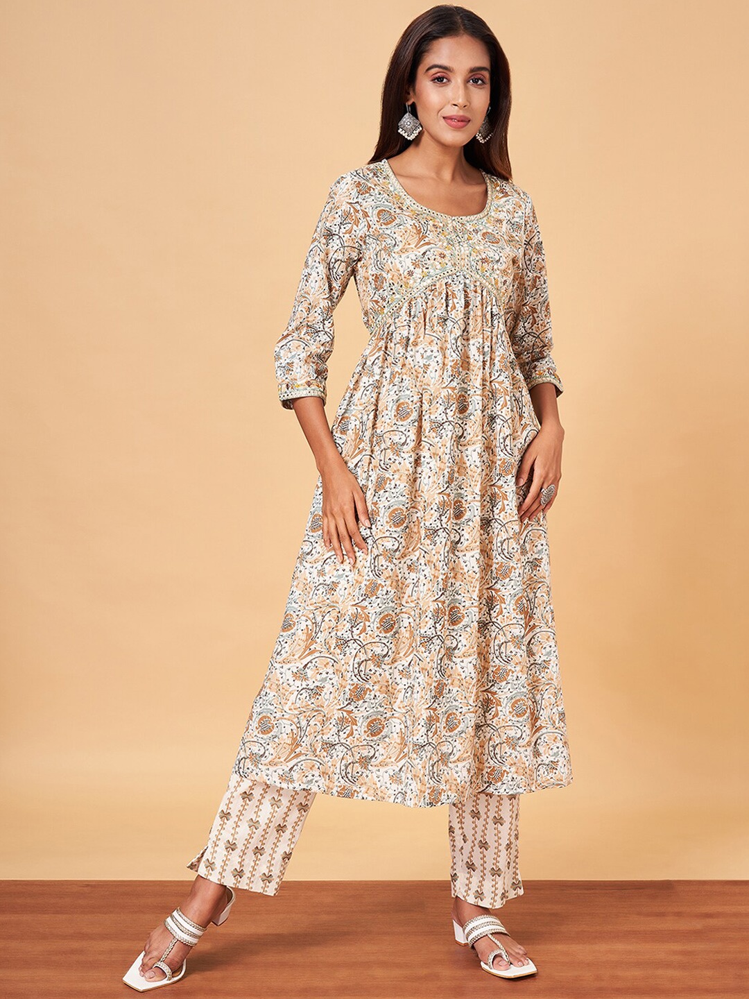 

YU by Pantaloons Floral Printed Mirror Work Pure Cotton Empire Kurta With Palazzos, Off white