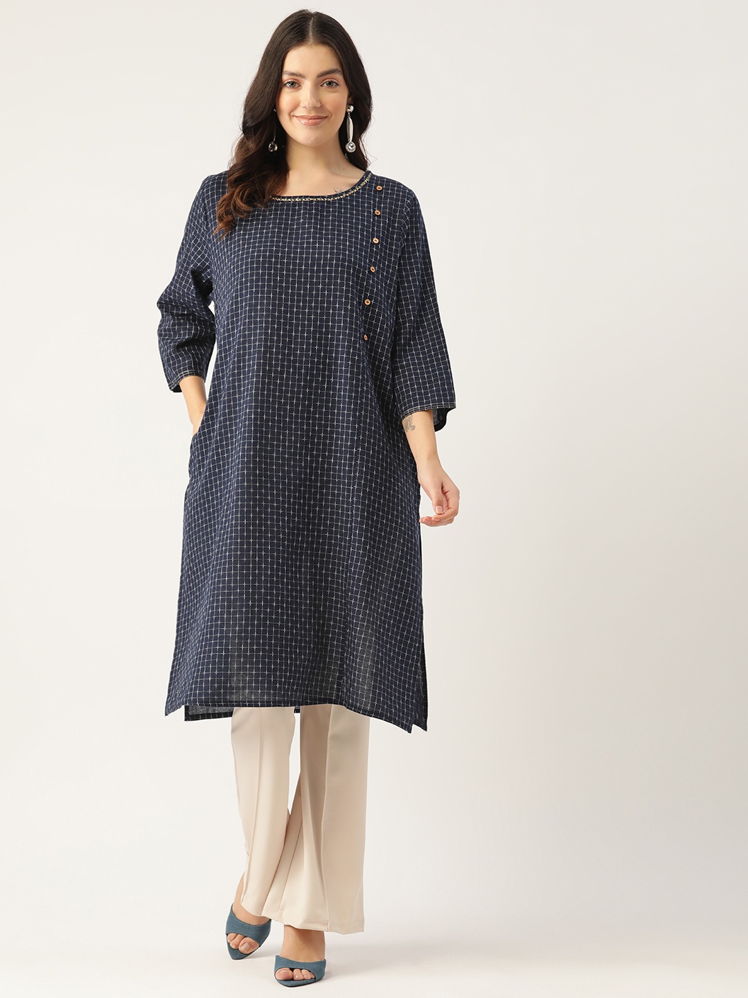 

CRAFTED FOR YOU Women Checked Straight Kurta, Navy blue