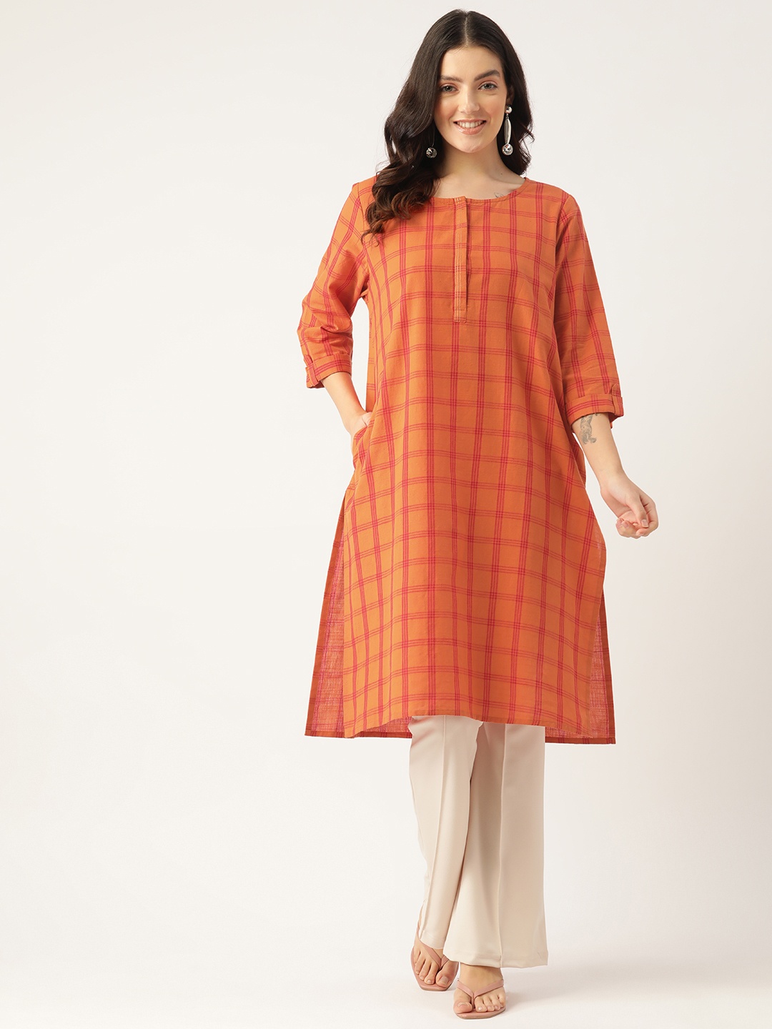 

CRAFTED FOR YOU Women Checked Straight Kurta, Orange