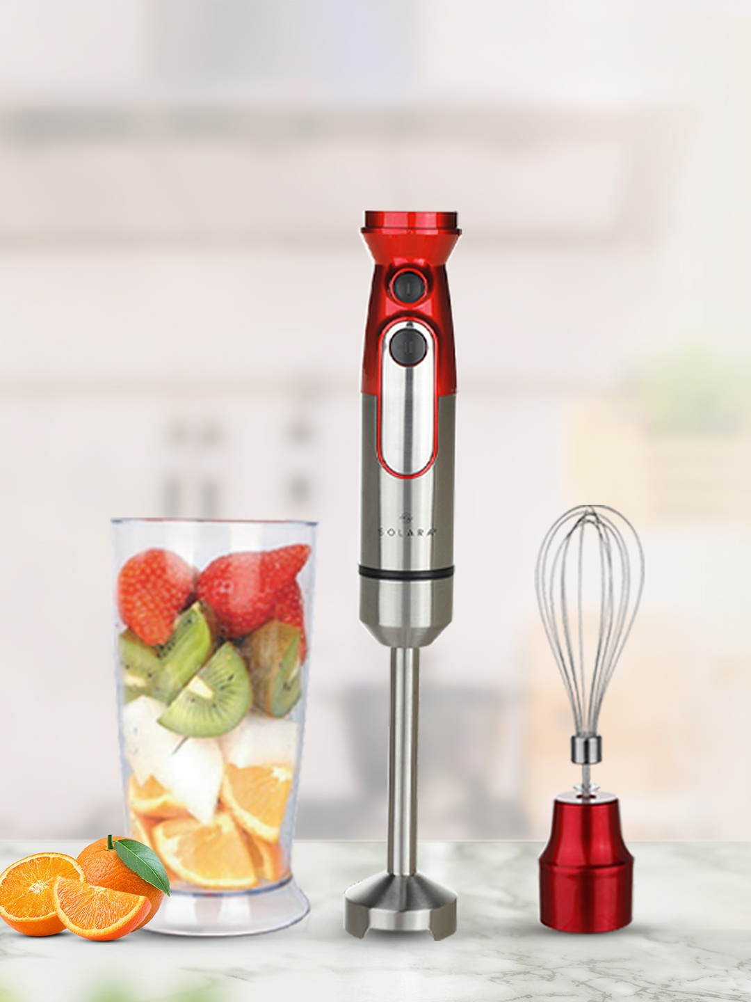 

Solara Electric Hand Blender for Kitchen with Whisk & Mixing Jar, 600Watts, Red