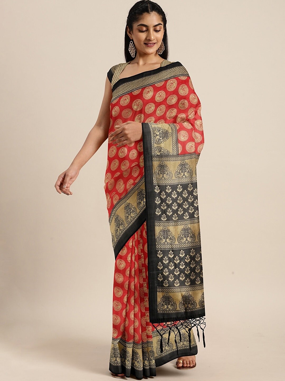 

VarangaEthnic Motifs Woven Designed Zari Block Print Saree, Red
