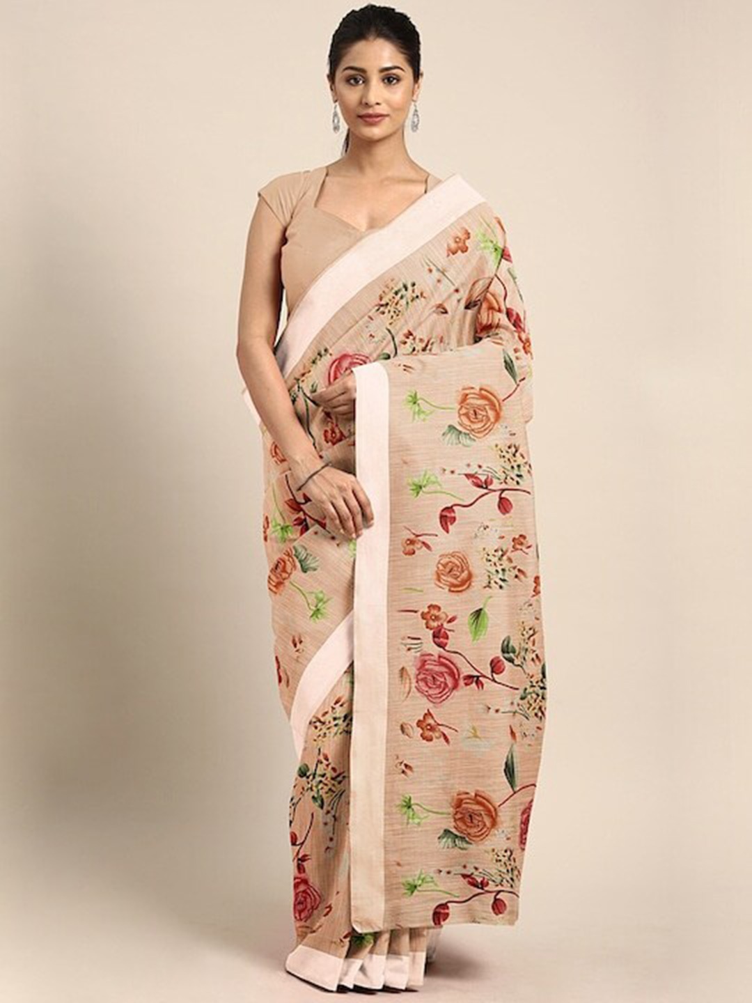 

Varanga Floral Printed Block Print Saree, Orange