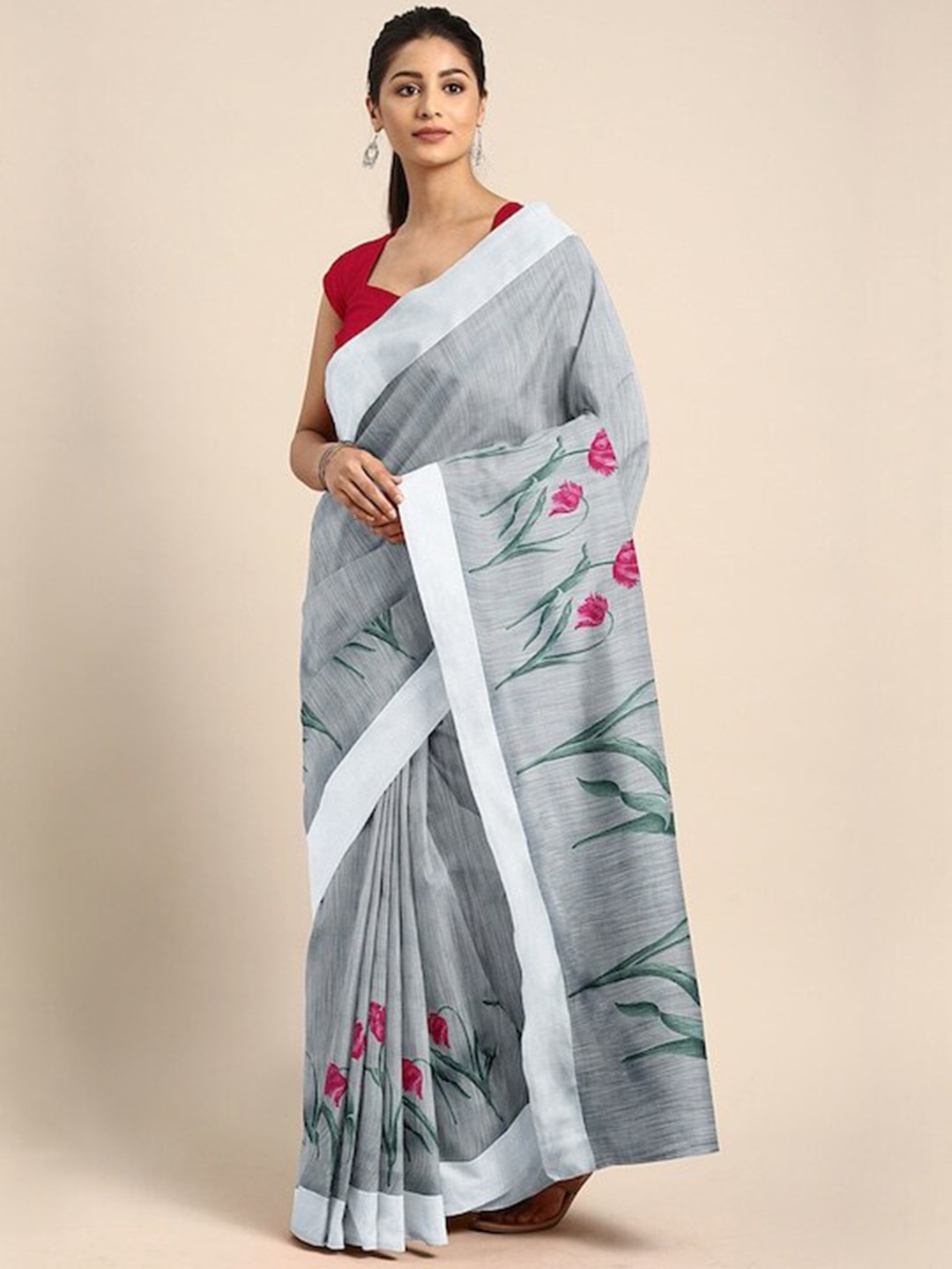 

Varanga Floral Printed Block Print Saree, Grey