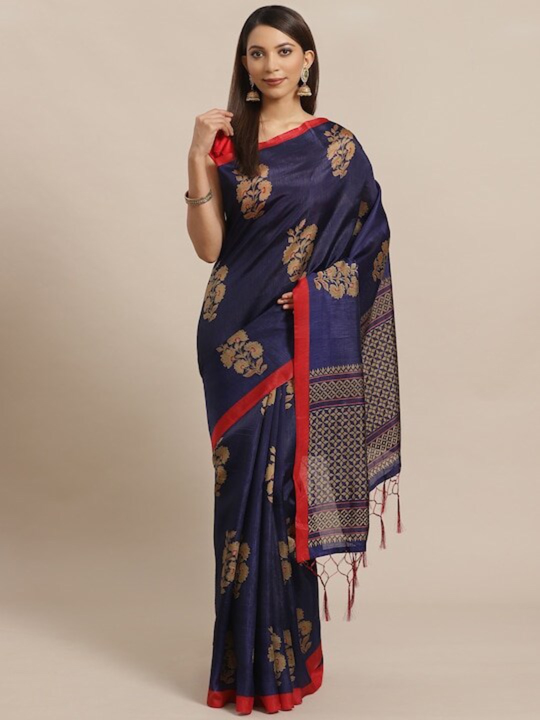Varanga Floral Printed Zari Saree, Navy blue