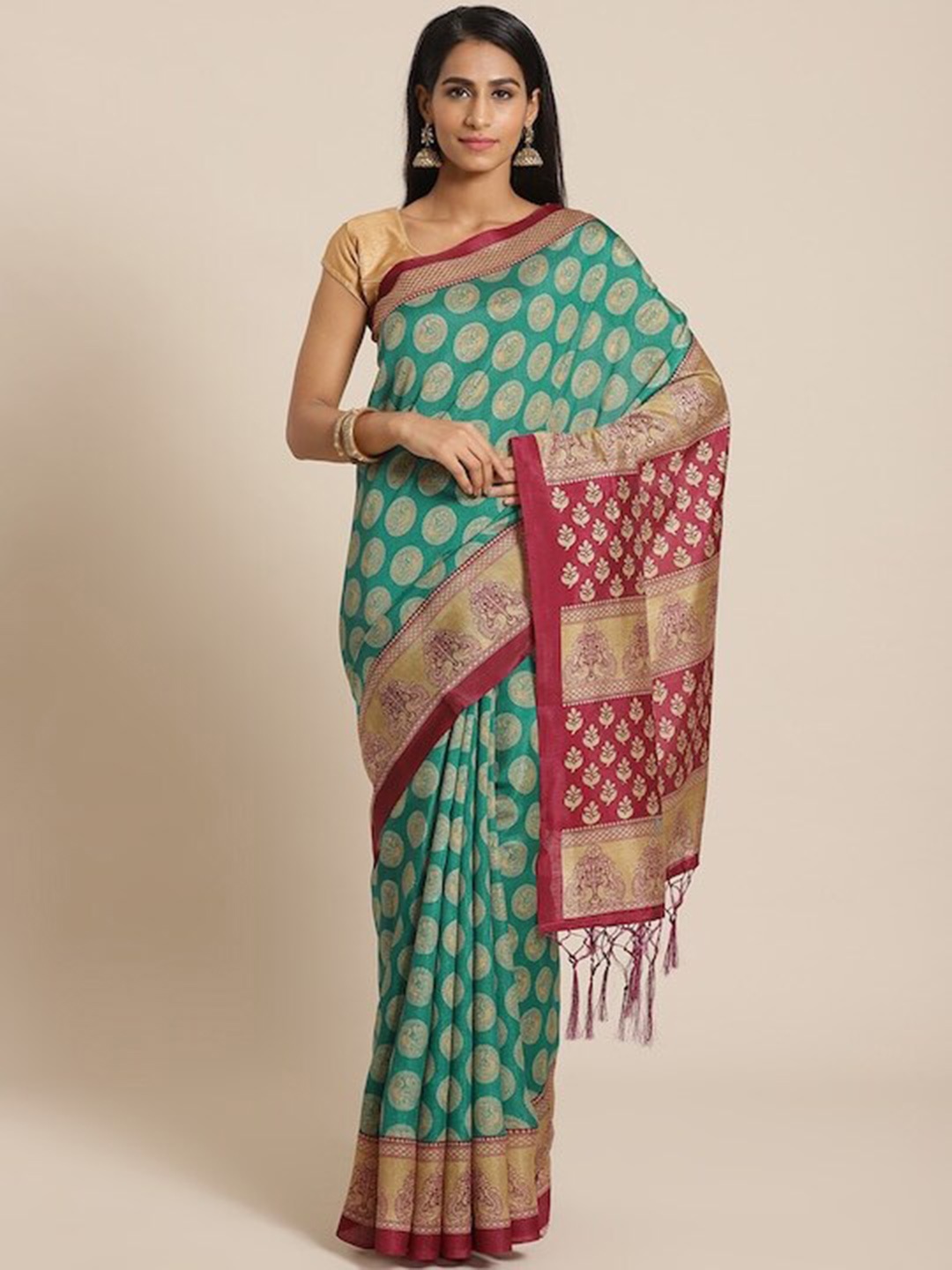 

Varanga Ethnic Motifs Printed Art Silk Mysore Silk Saree, Green