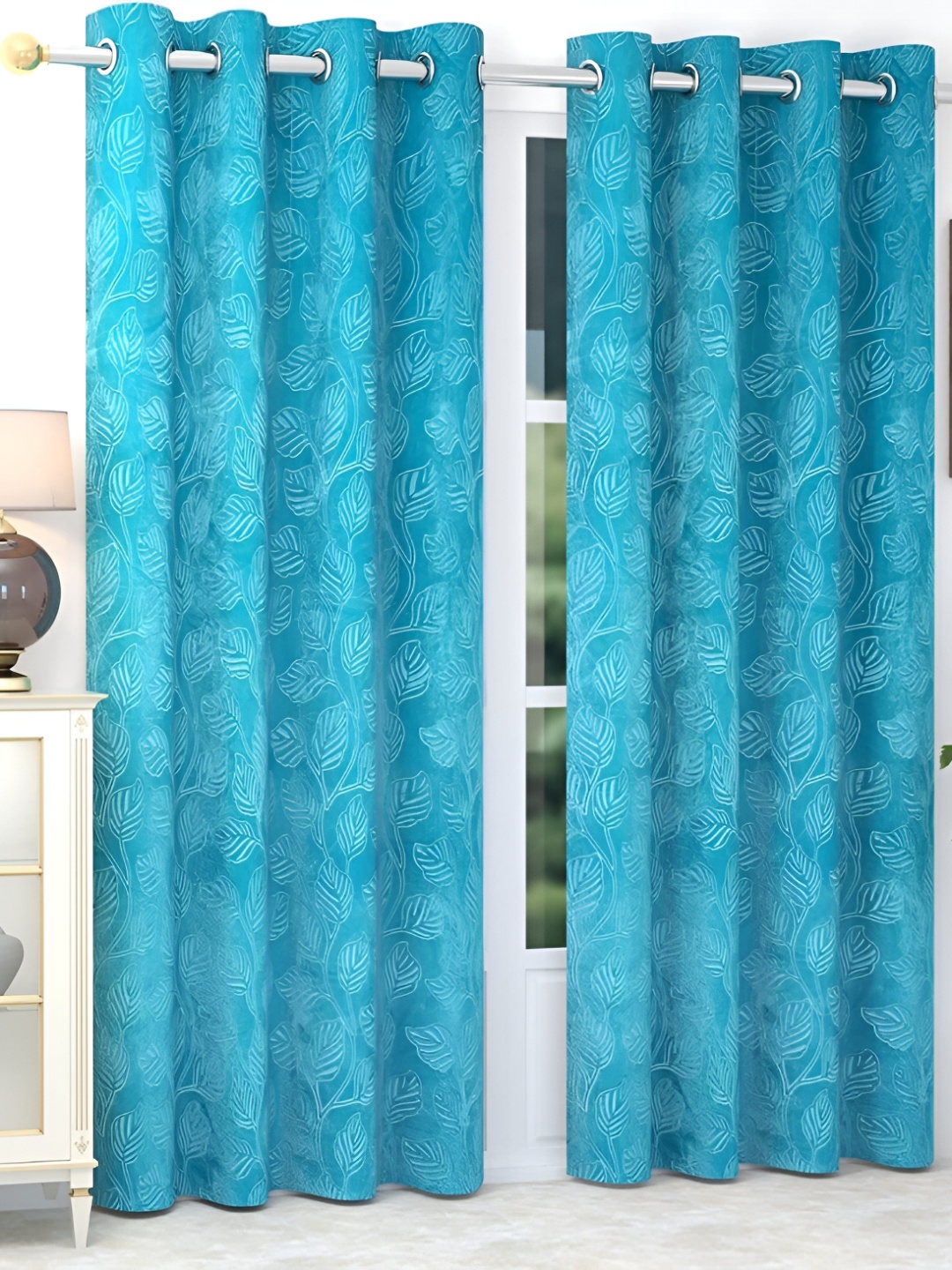 

MSD DECOR HUB Teal Floral Black Out Velvet Door Curtain