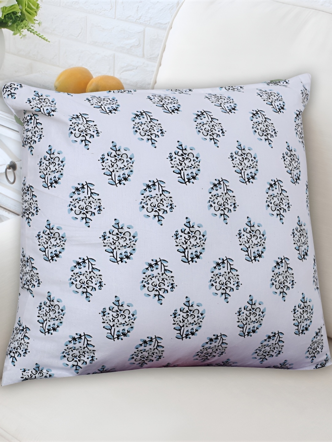 

Texstylers White & Blue Ethnic Motif Cotton Square Reversible Cushion Cover