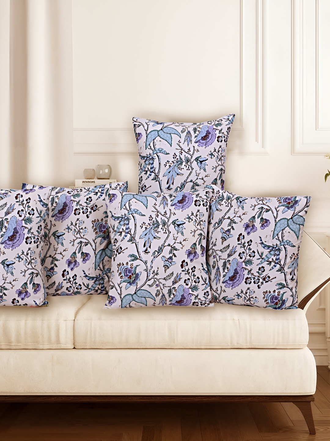 

Texstylers White & Blue 5 Pieces Floral Cotton Square Reversible Cushion Covers