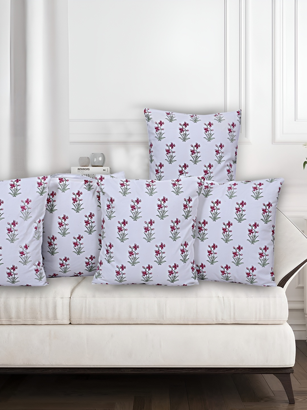 

Texstylers White & Pink 5 Pieces Floral Cotton Square Reversible Cushion Covers