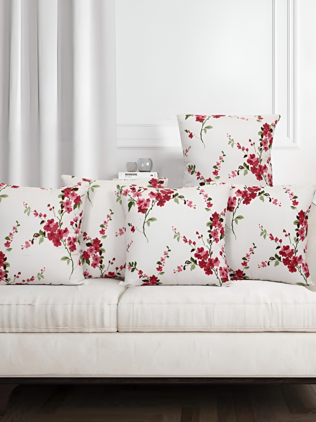 

Texstylers White & Pink 5 Pieces Floral Cotton Square Reversible Cushion Covers