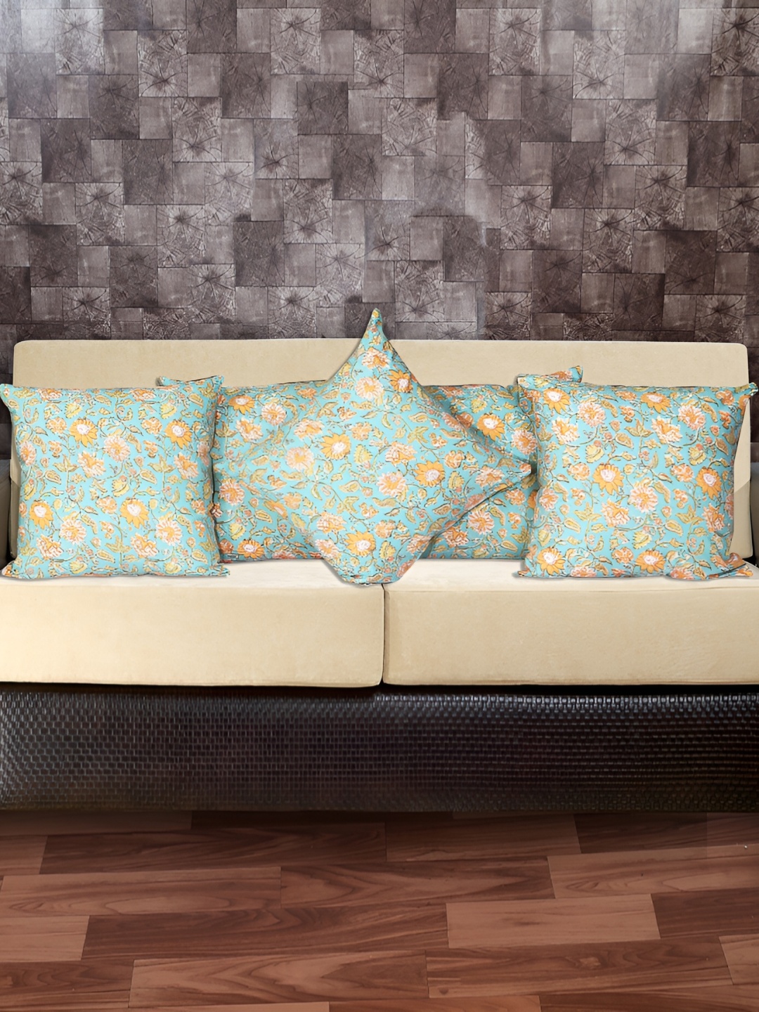 

Texstylers Blue & Orange 5 Pieces Floral Cotton Square Reversible Cushion Covers