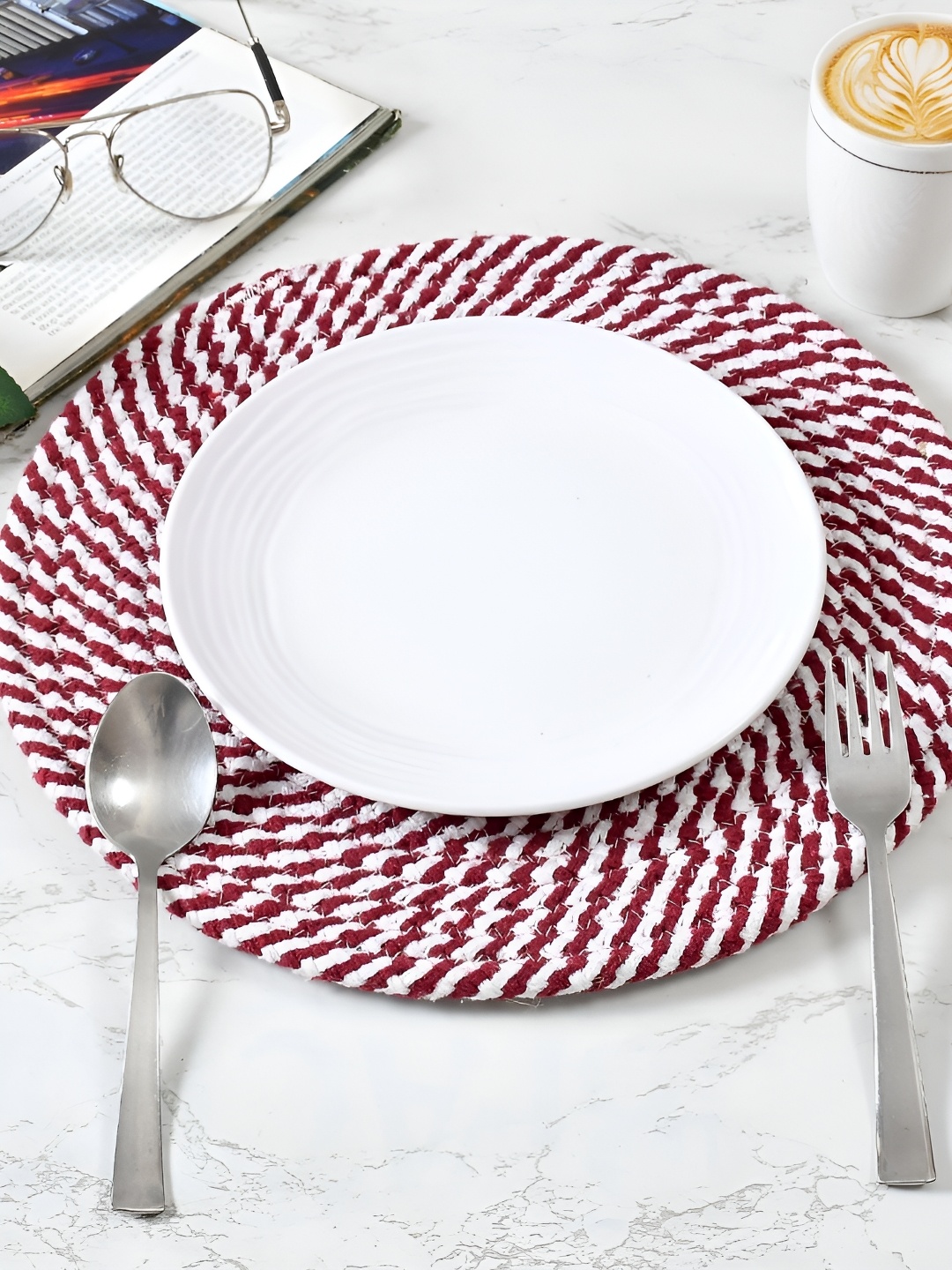 

HOMADORN 4 Pieces Red & White Self Design Pure Cotton Round Table Placemats