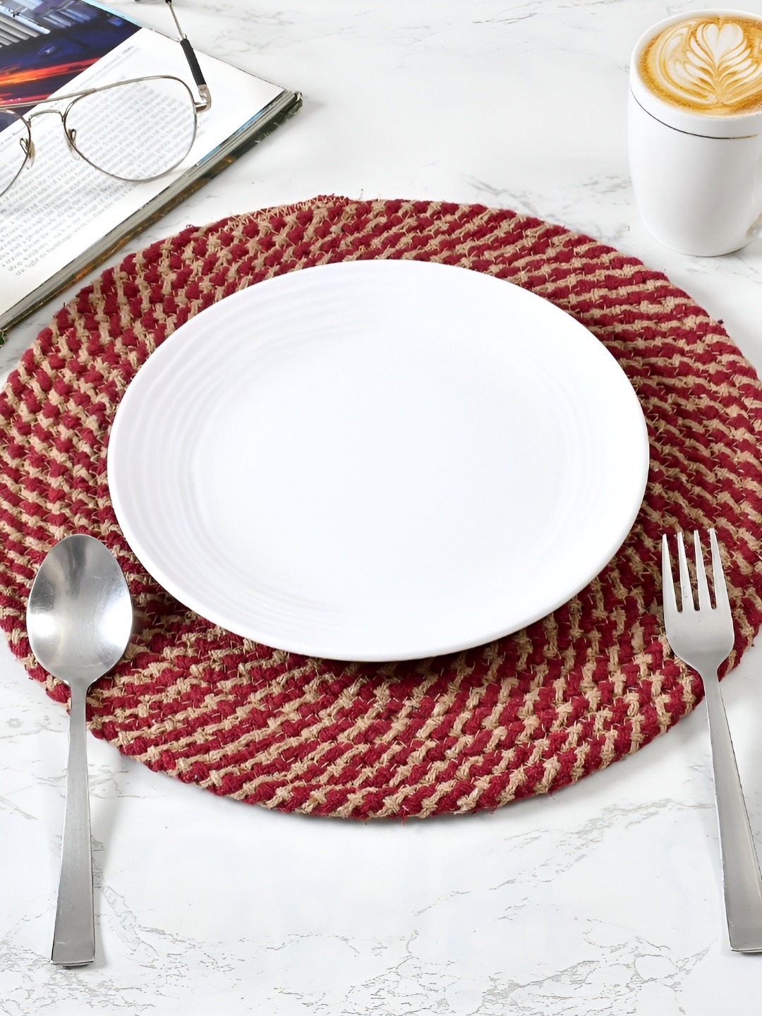 

HOMADORN Brown & Maroon 4 Pieces Braided Cotton Round Reversible Table Placemats