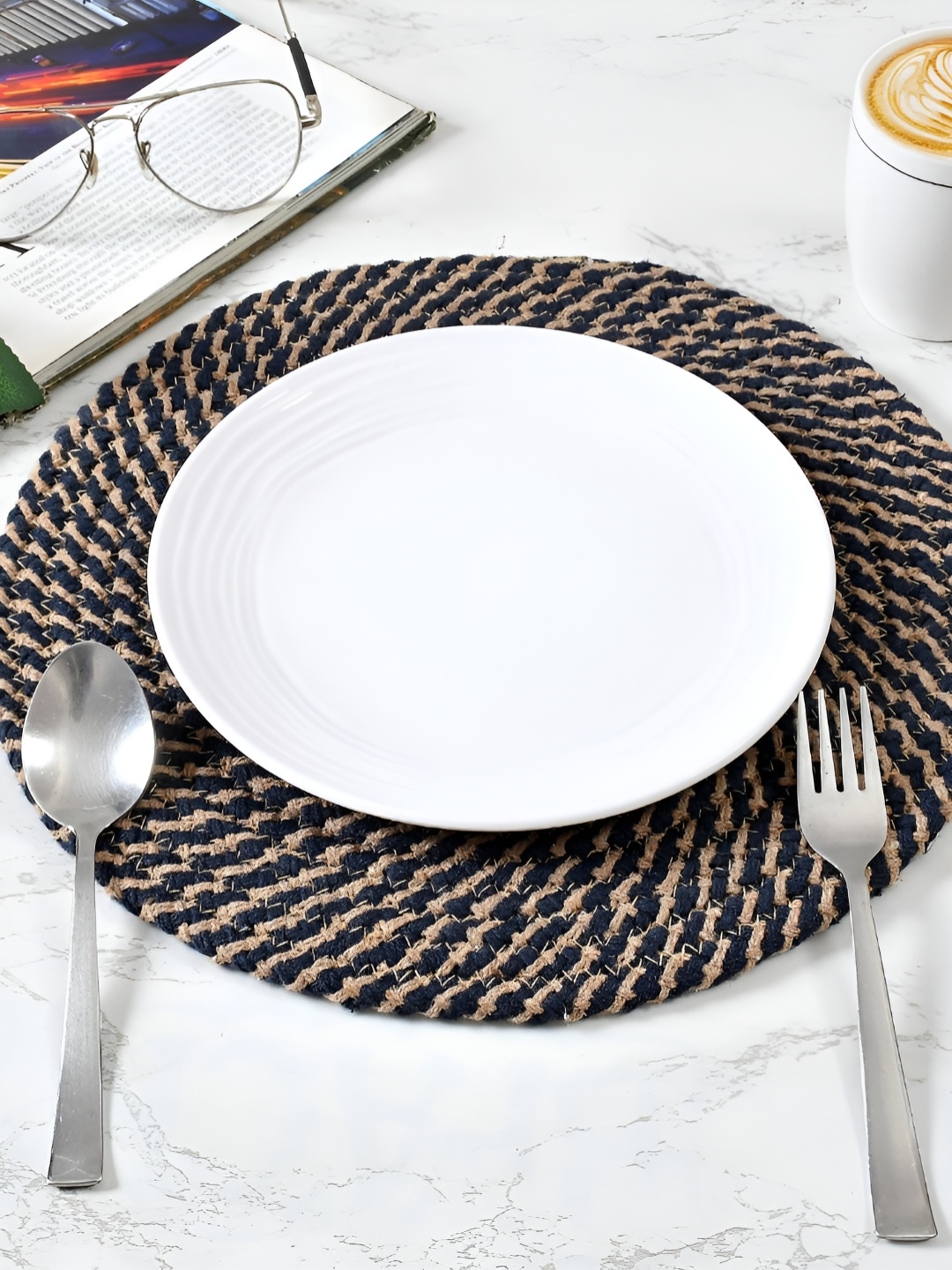 

HOMADORN 4 Pieces Brown & Blue Self Design Pure Cotton Round Table Placemats