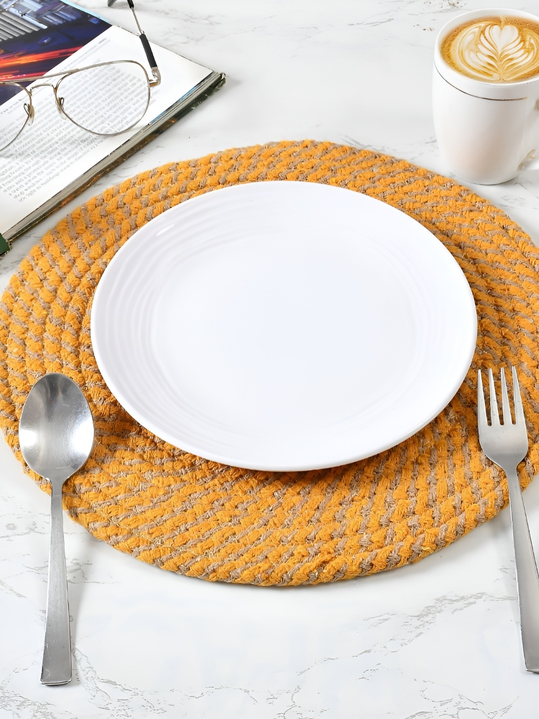 

HOMADORN Brown & Yellow 2 Pieces Braided Cotton Round Reversible Table Placemats