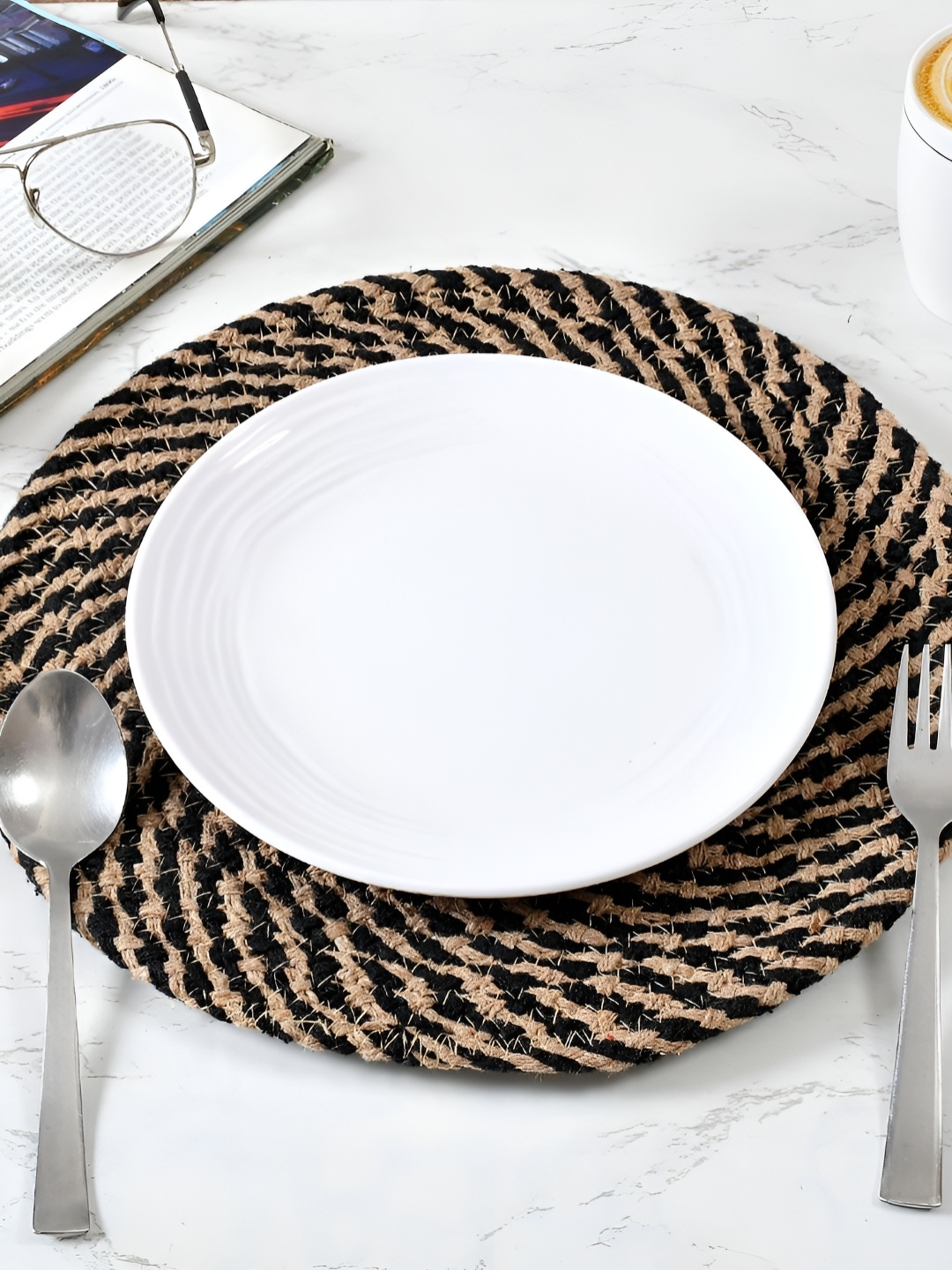 

HOMADORN 6 Pieces Brown & Black Self Design Pure Cotton Round Table Placemats