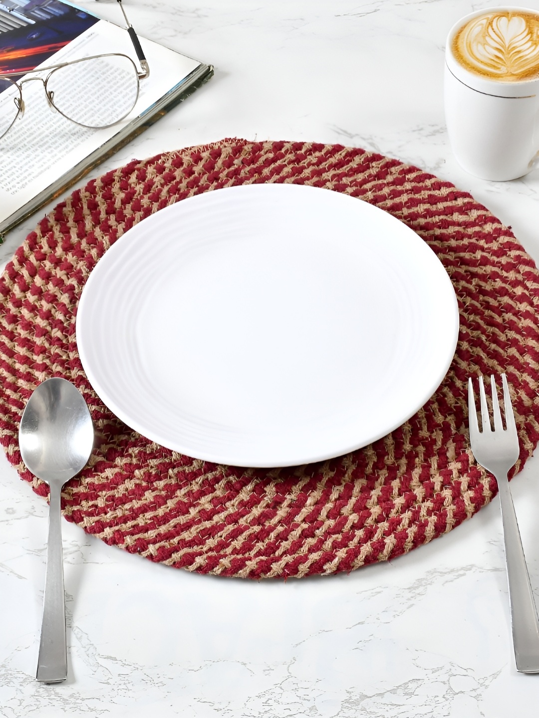 

HOMADORN 4 Pieces Brown & Maroon Self Design Pure Cotton Round Table Placemats