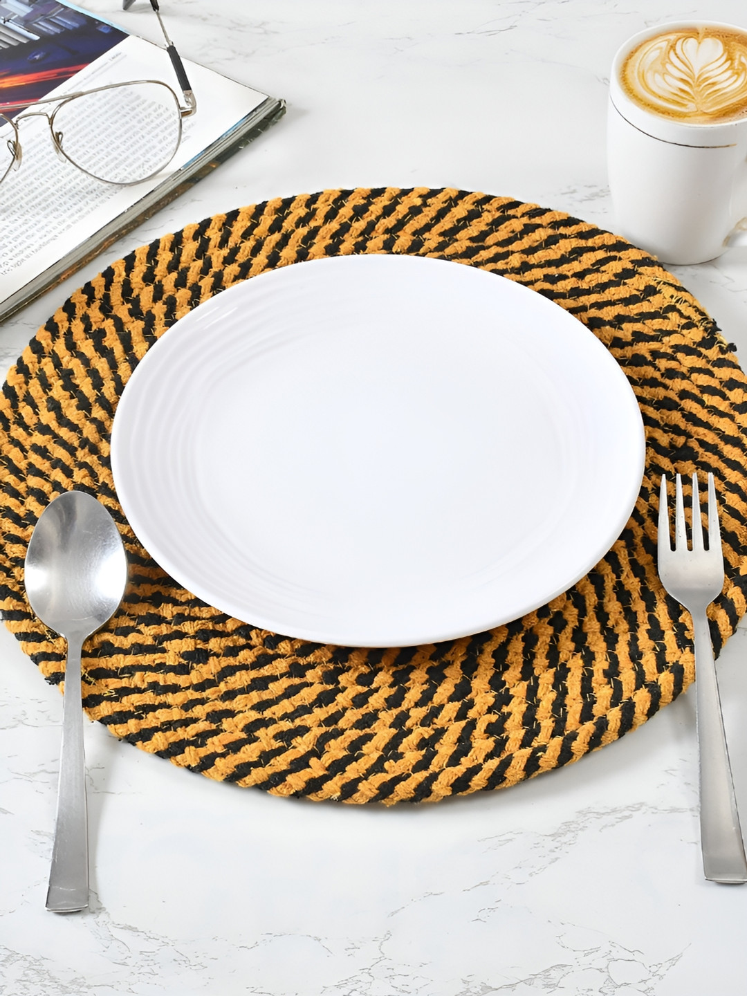 

HOMADORN Yellow & Black 4 Pieces Cotton Round Reversible Table Placemats