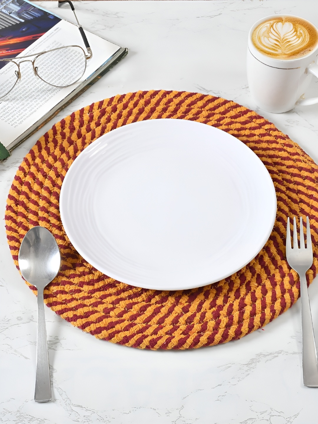 

HOMADORN 4 Pieces Red & Yellow Self Design Pure Cotton Round Reversible Table Placemats