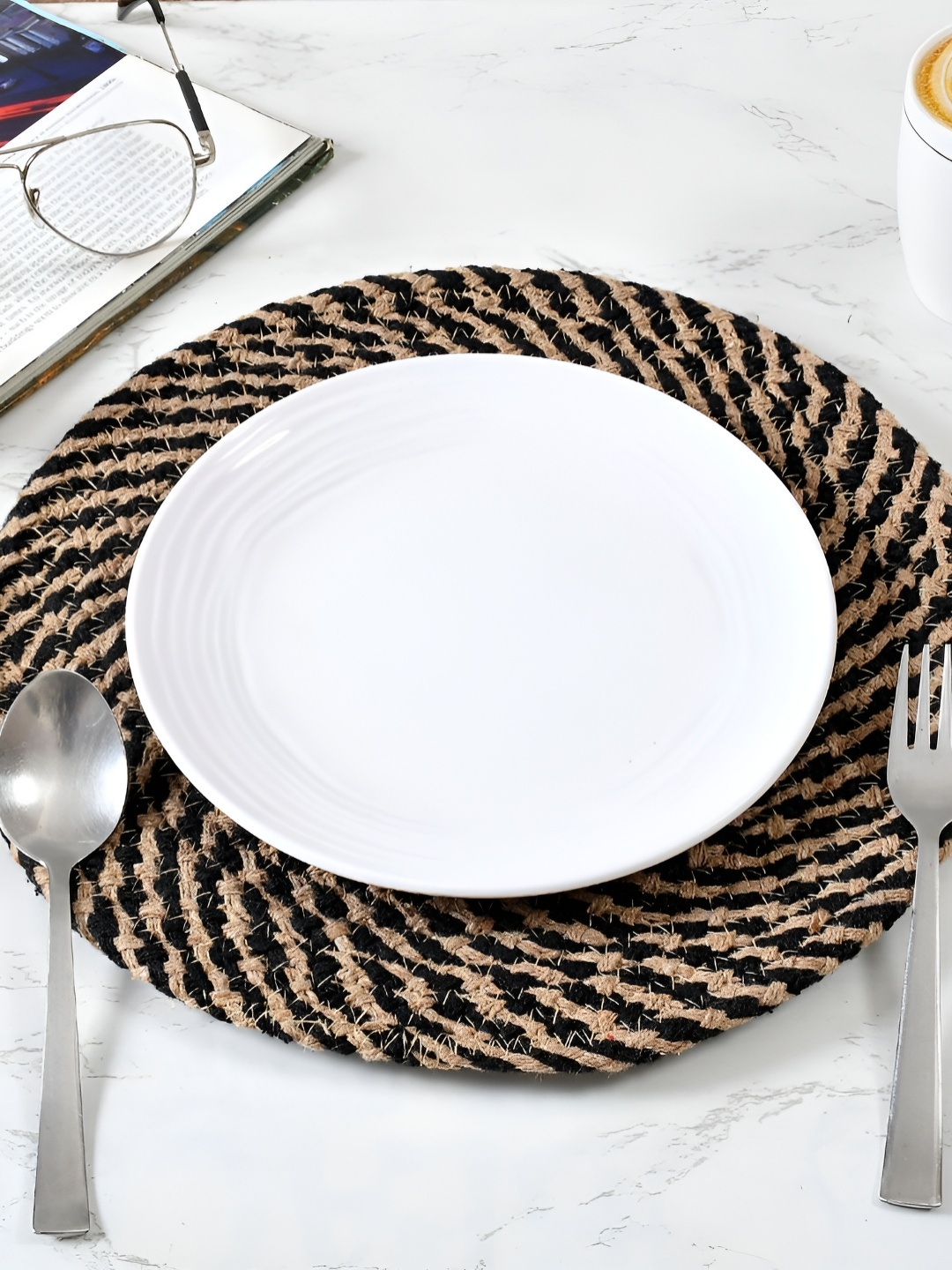 

HOMADORN 4 Pieces Brown & Black Self Design Pure Cotton Round Reversible Table Placemats