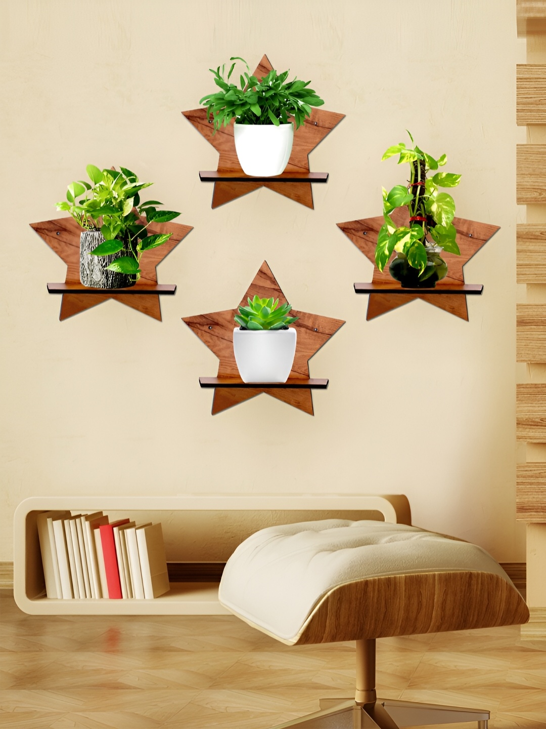 

TEAKWOOD Brown 4 Pieces Wooden Star Shape Basic Wall Plant Shleves