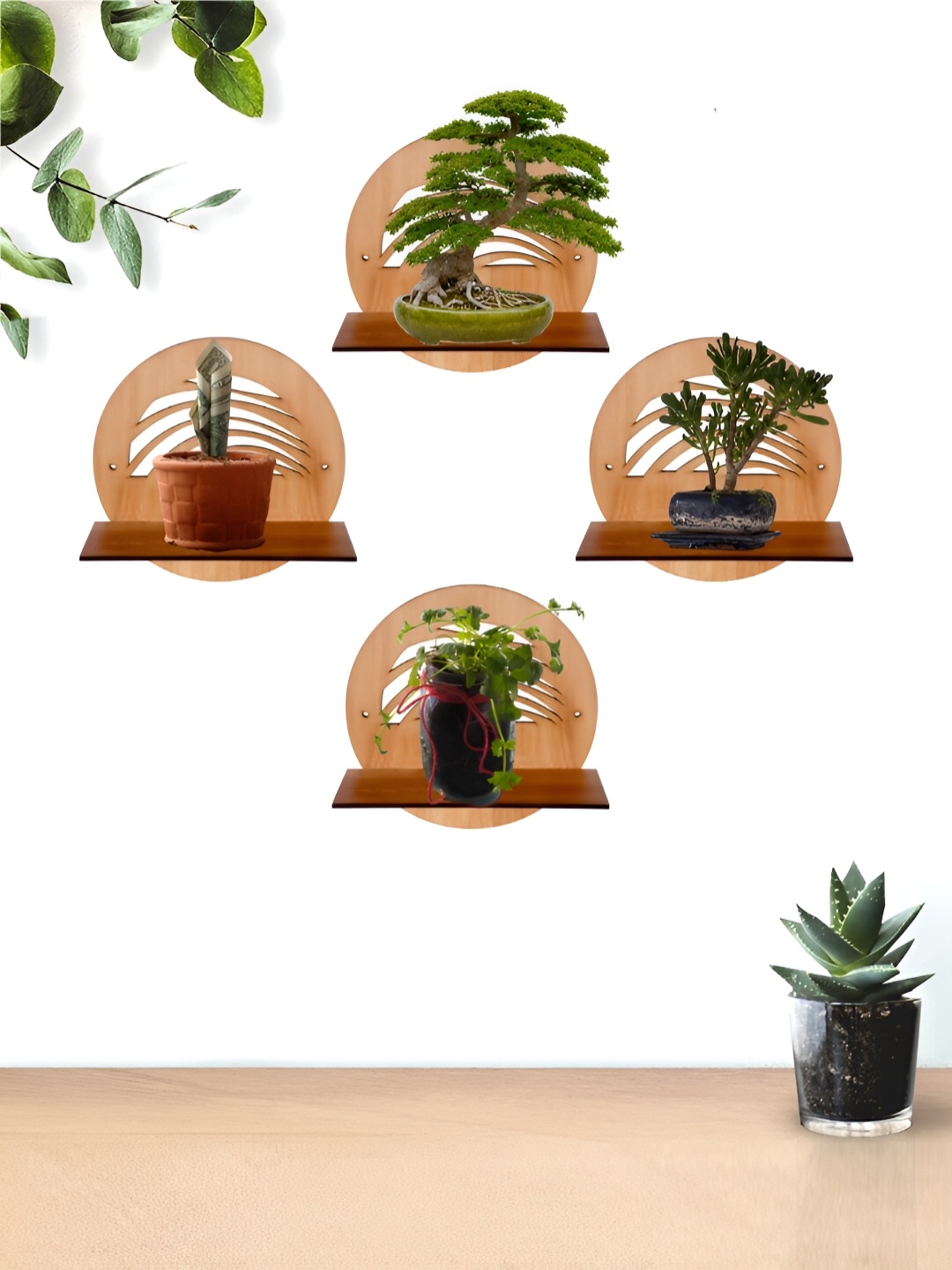 

TEAKWOOD Brown 4 Pieces Wooden Round Shape Basic Wall Plant Shleves