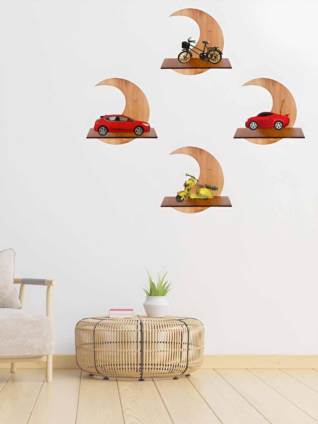 

TEAKWOOD Brown 4 Pieces Wooden Moon Shape Basic Wall Plant Shleves