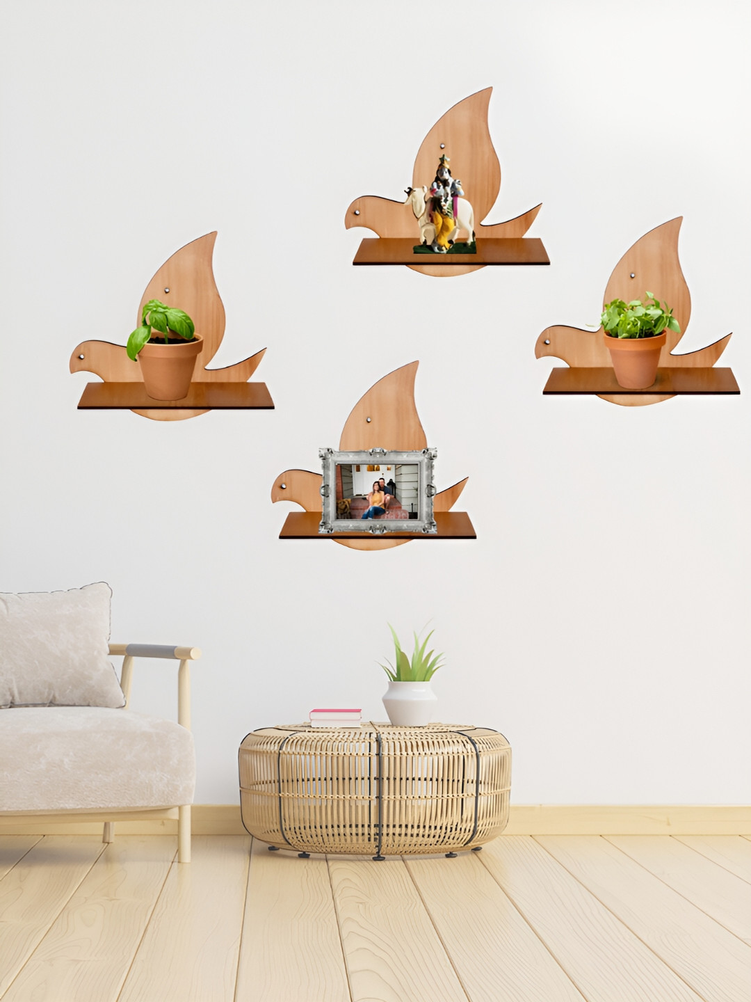 

TEAKWOOD Brown 4 Pieces Wooden Birds Shape Basic Wall Plant Shleves