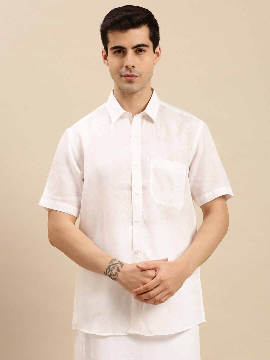 

Ramraj Classic Short Sleeves Cotton Linen Ethnic Shirt, White