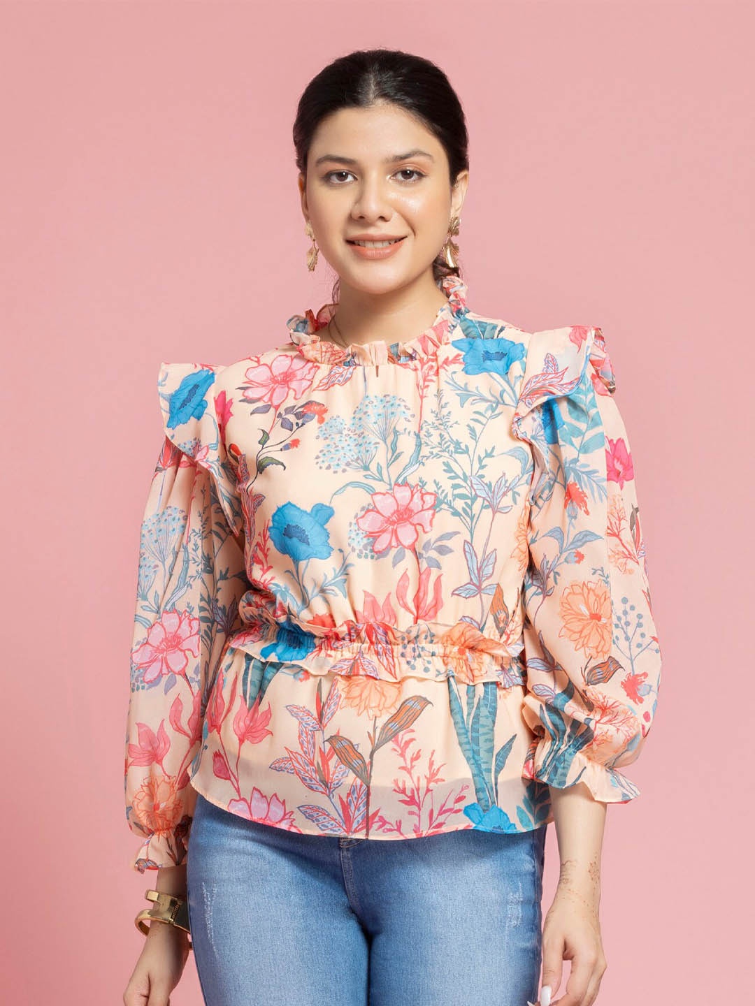 

SEW YOU SOON Floral Printed Georgette Peplum Top, Cream