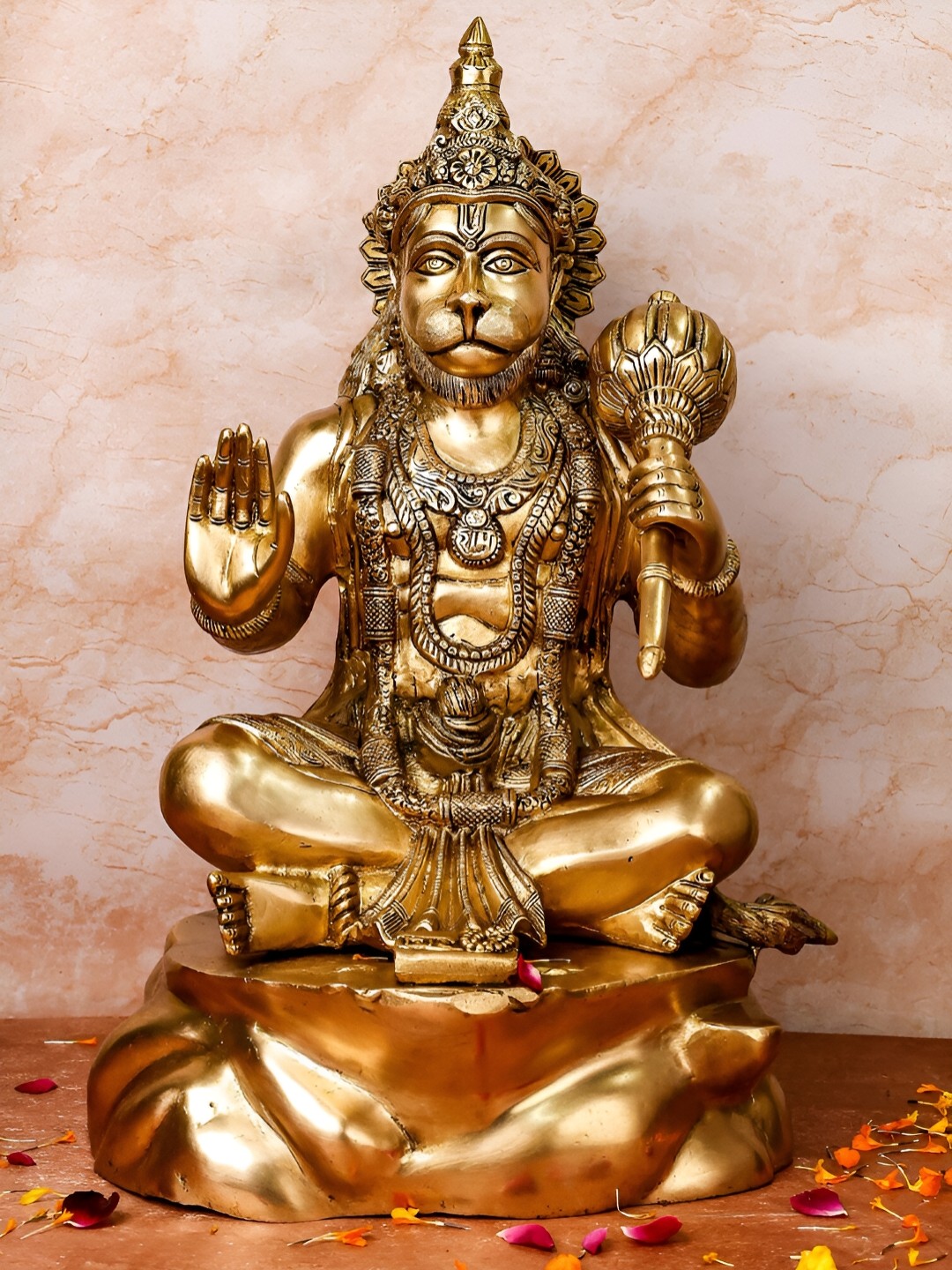 

The Advitya Brass Blessing Hanuman On Stone Showpiece, Gold