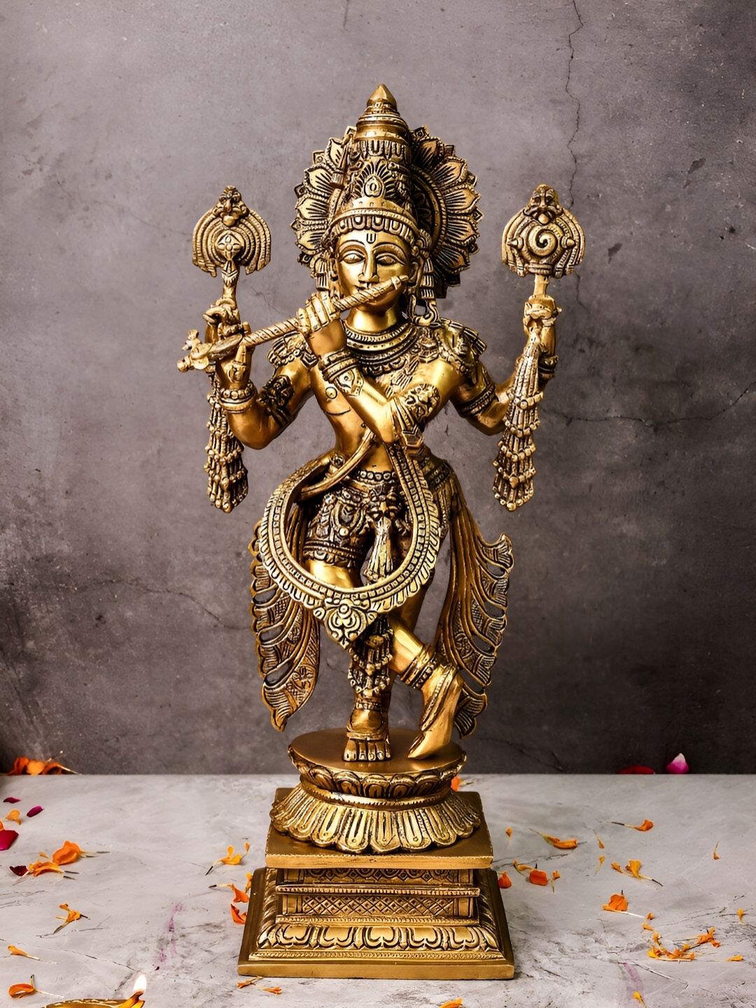 

The Advitya Gold Toned Superfine Krishna With Flute Large Statue Brass Showpiece