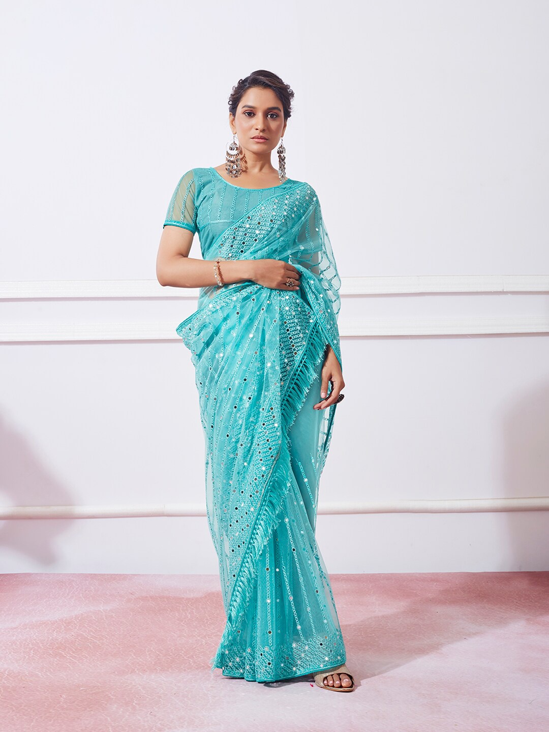 

Kalista Embellished Mirror Work Net Saree, Blue