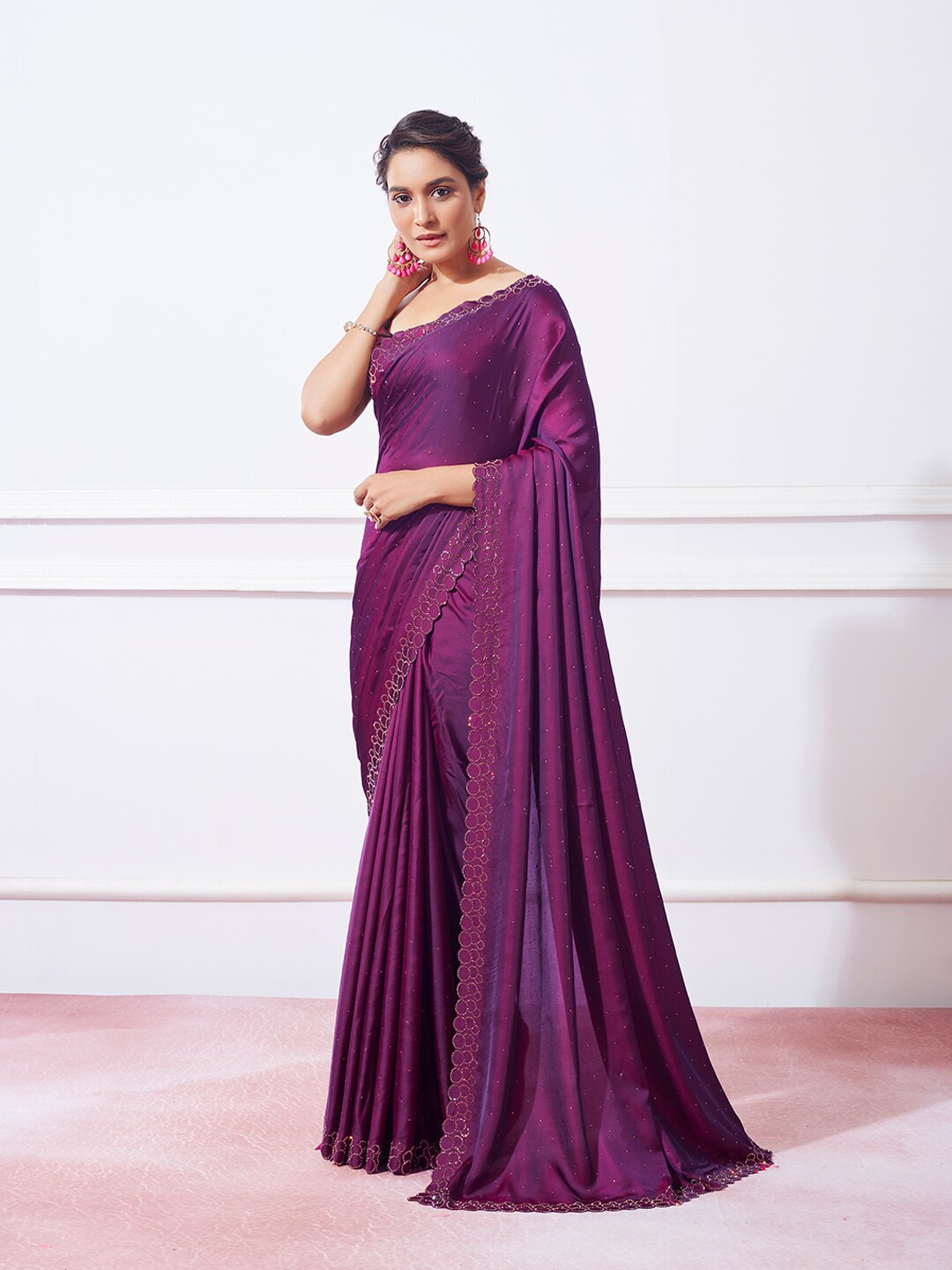 

Kalista Beads and Stones Embellished Satin Saree, Purple