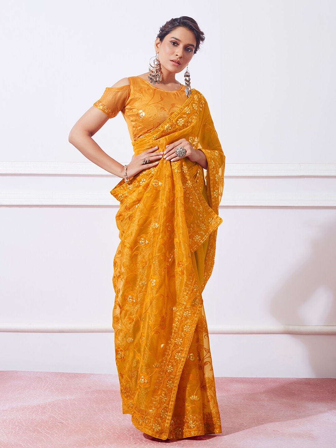 

Kalista Floral Embroidered Zari Organza Saree, Mustard