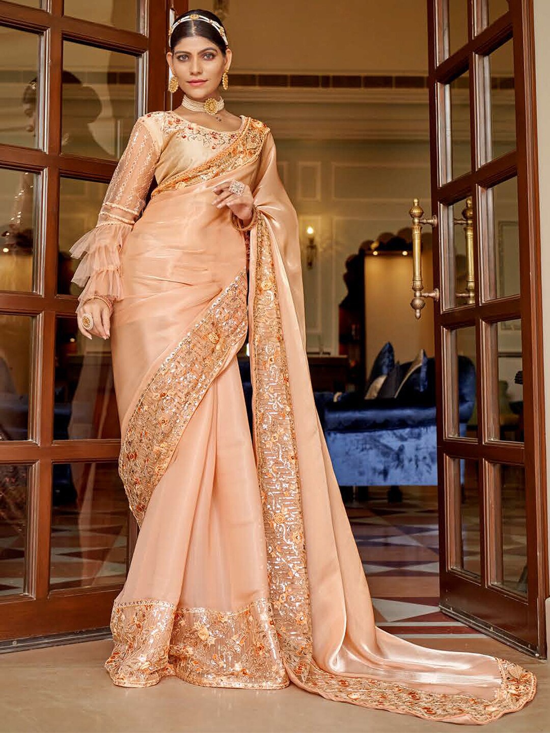 

Kalista Embroidered Organza Belted Saree, Peach