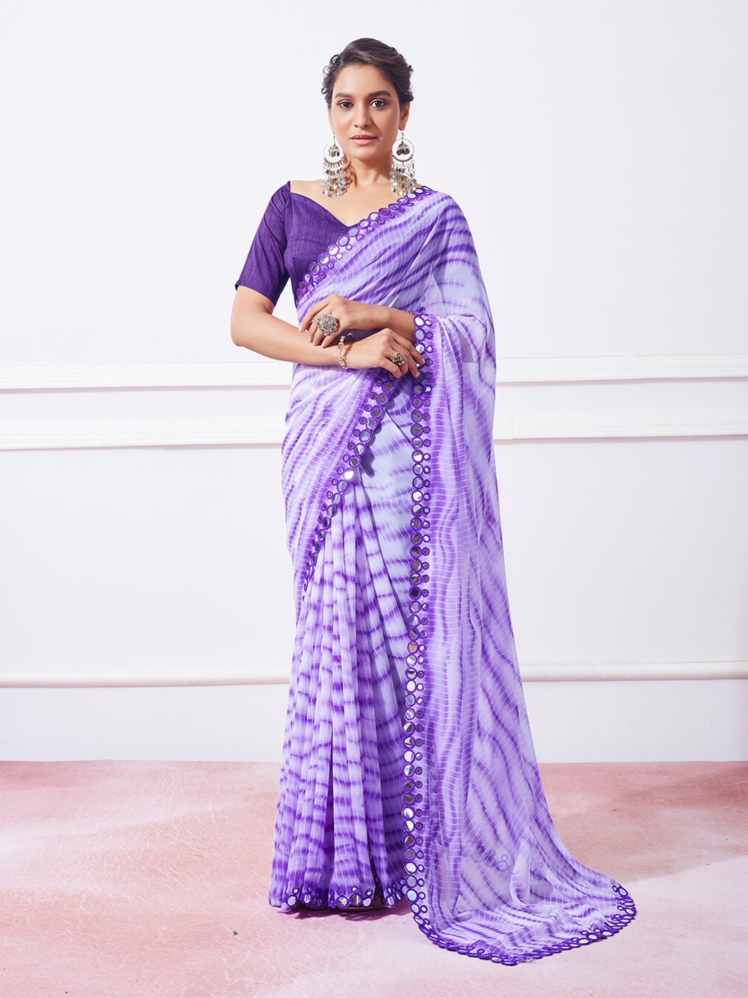 

Kalista Tie and Dye Printed Mirror Work Pure Georgette Saree, Purple