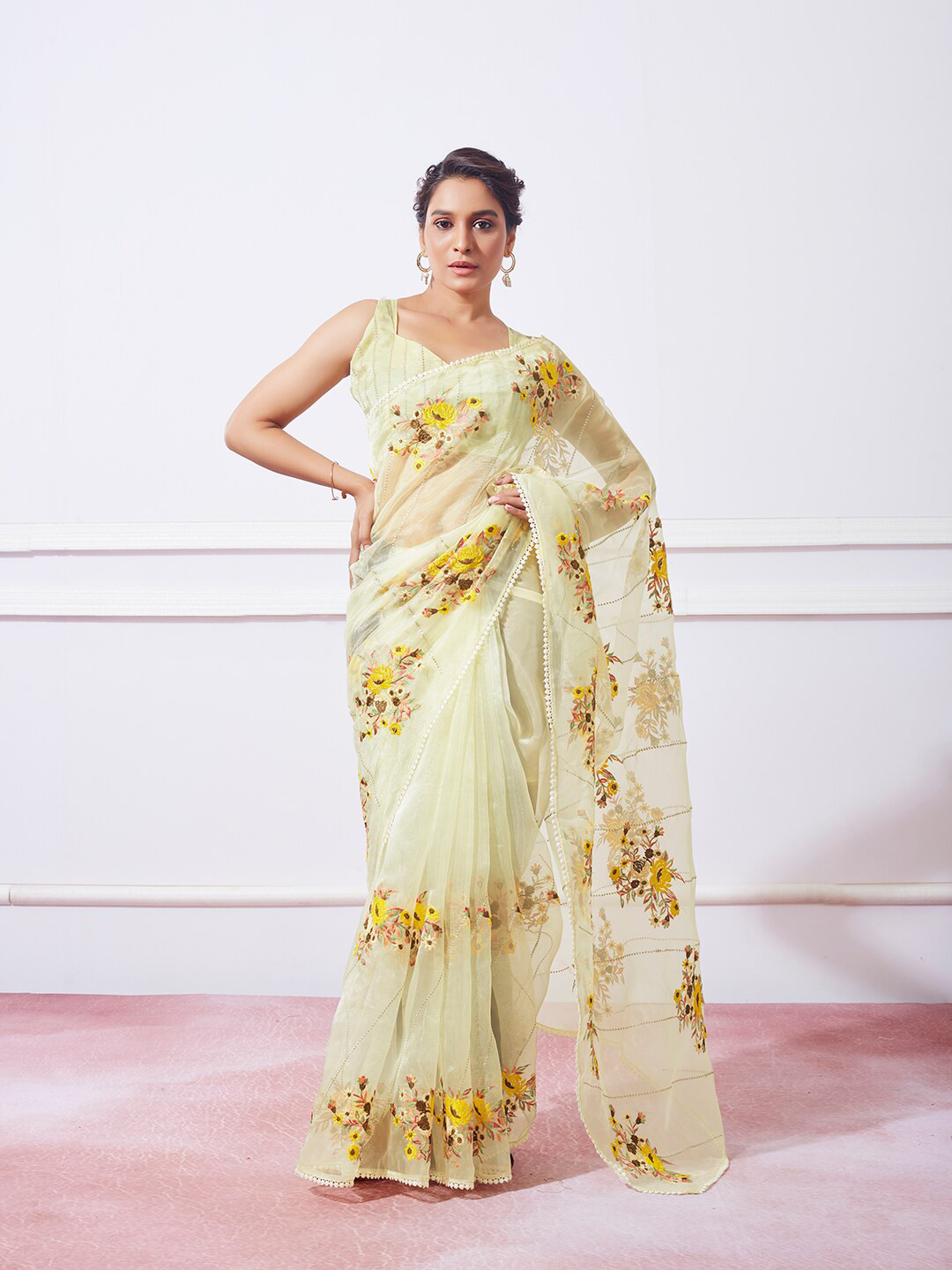 

Kalista Floral Embroidered Organza Saree, Yellow