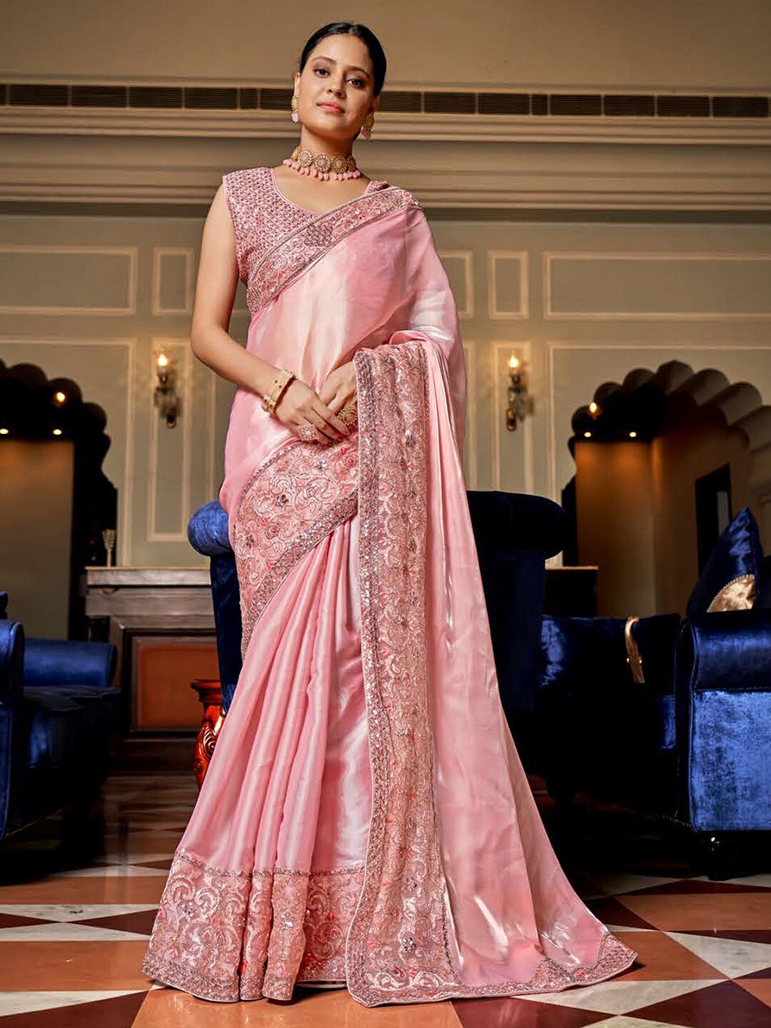 

Kalista Ethnic Motifs Embroidered Organza Belted Saree, Pink