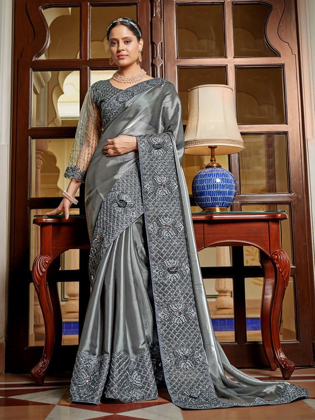 

Kalista Embroidered Organza Belted Saree, Grey