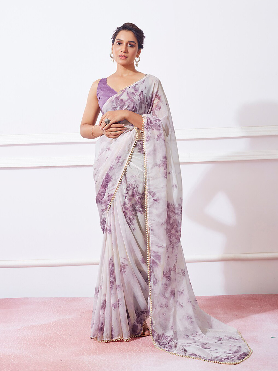 

Kalista Tie and Dyed Organza Saree, Cream