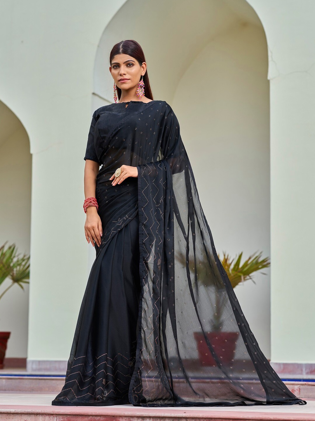 

Kalista Embellished Beads and Stones Pure Crepe Saree, Black