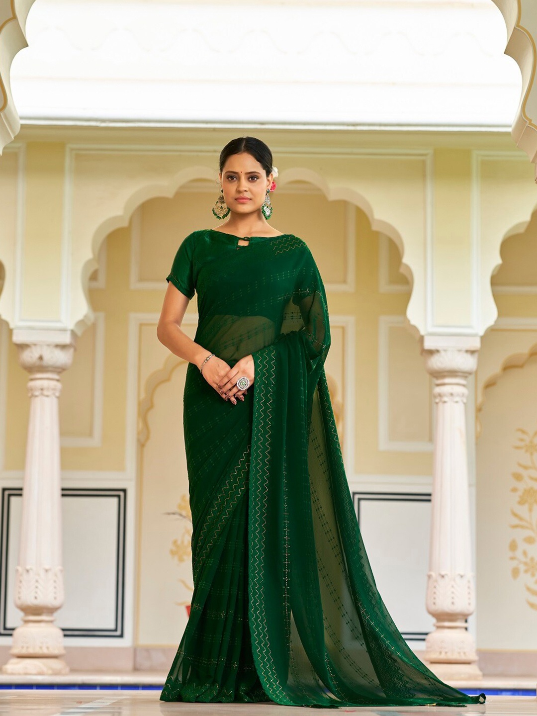 

Kalista Striped Beads and Stones Pure Georgette Saree, Green