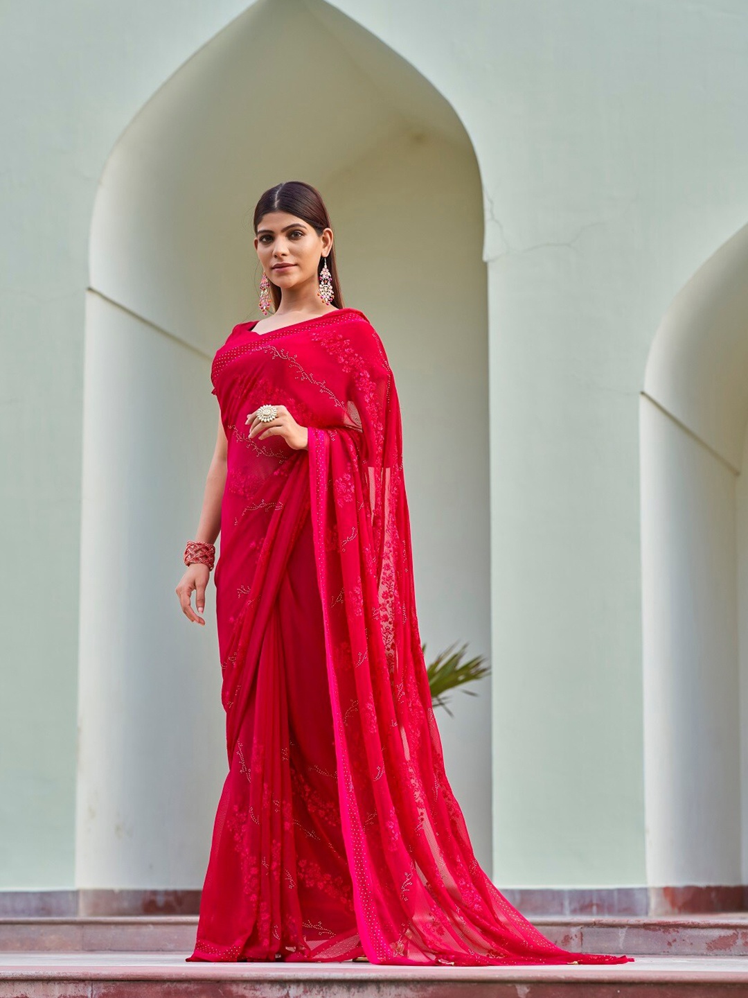 

Kalista Embroidered Beads and Stones Pure Georgette Saree, Pink