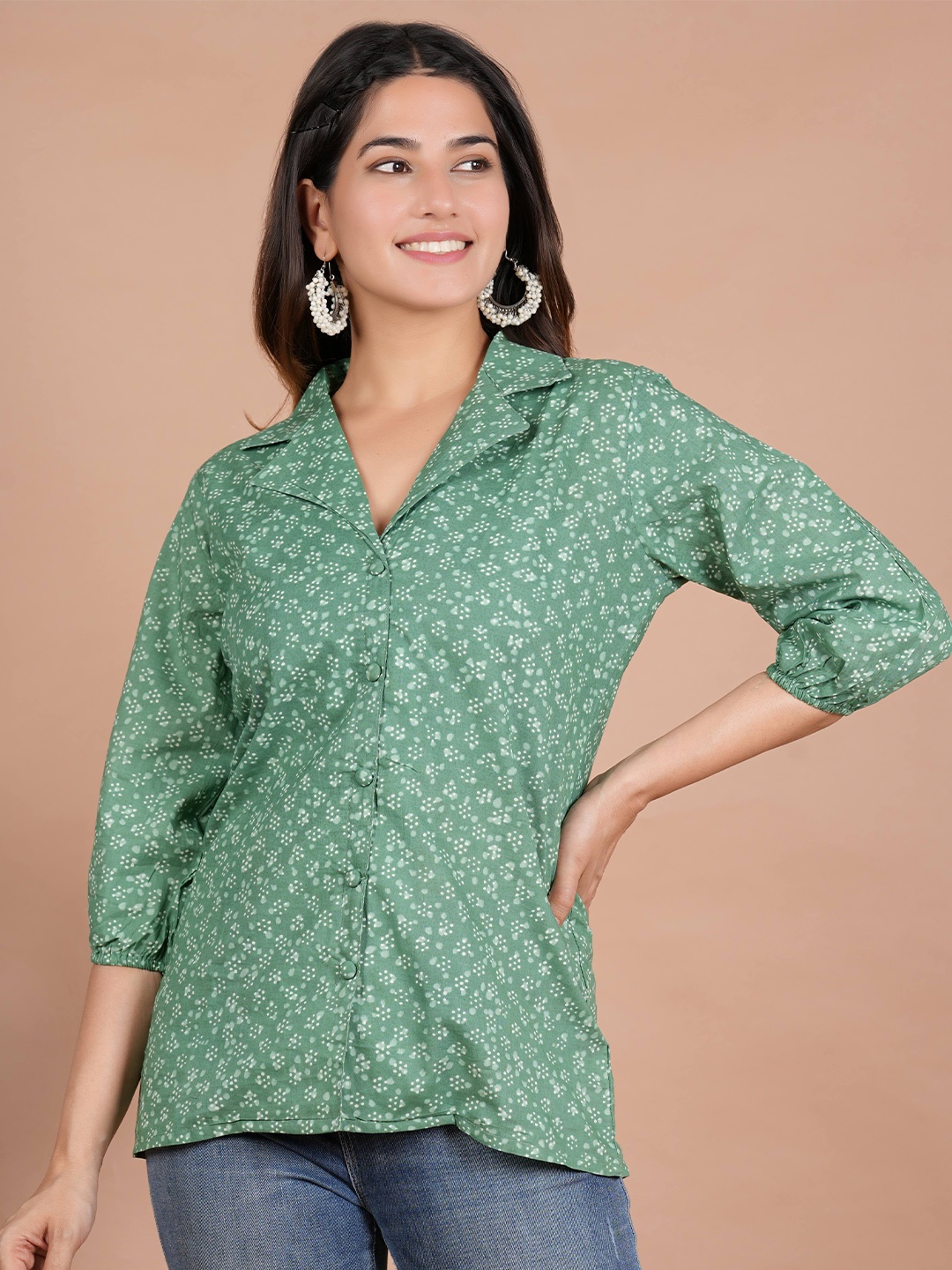 

ZOYOTO Floral Printed Cotton Shirt Style Top, Green