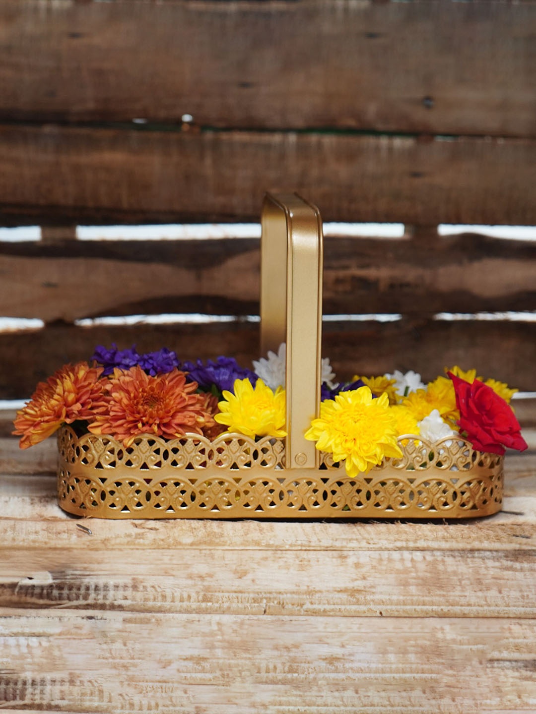 

PujaNPujari Gold Toned Metal Pooja Basket with Handle