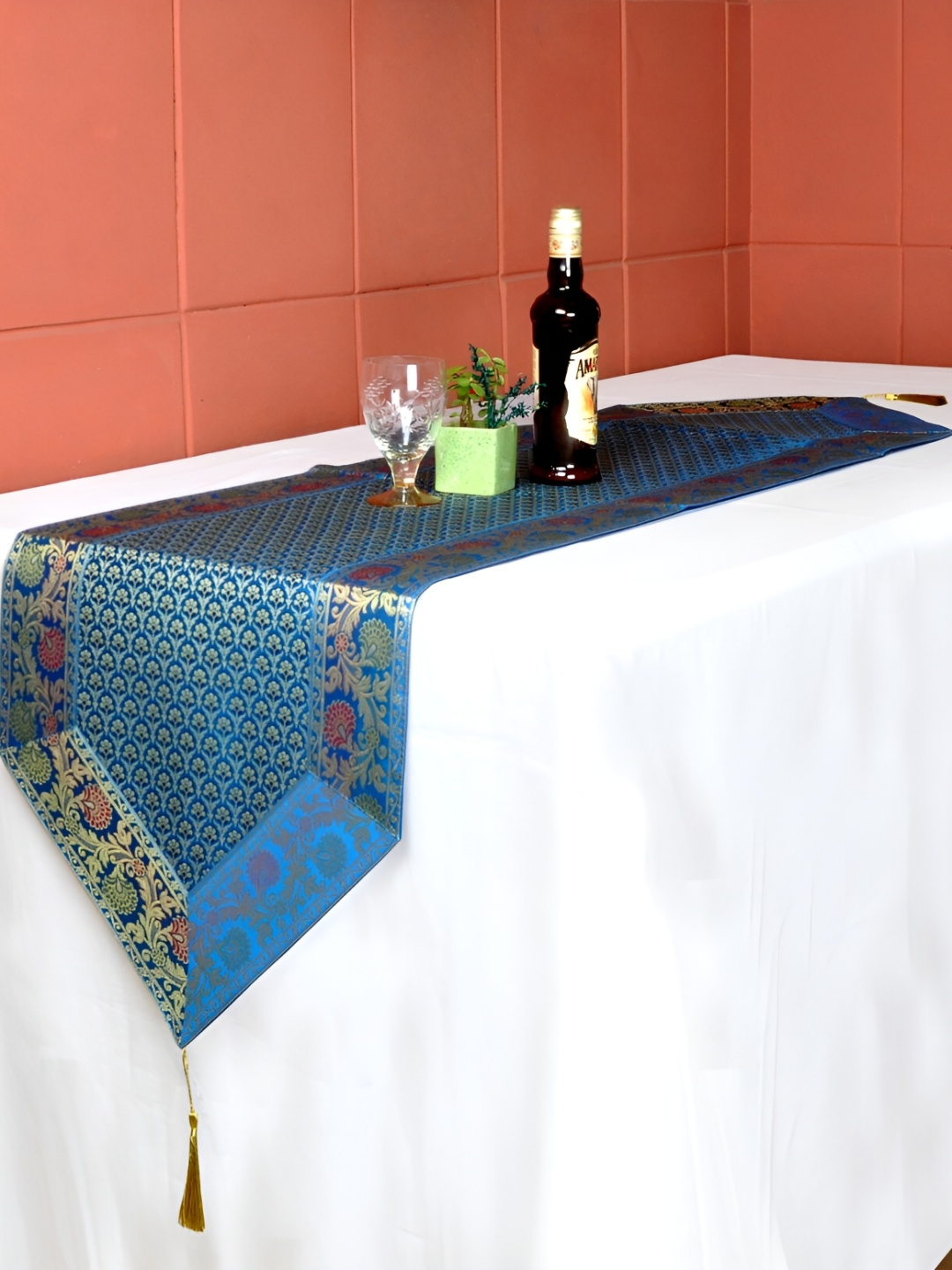 

Lal Haveli Blue & Red Floral Table Runner with Tassels