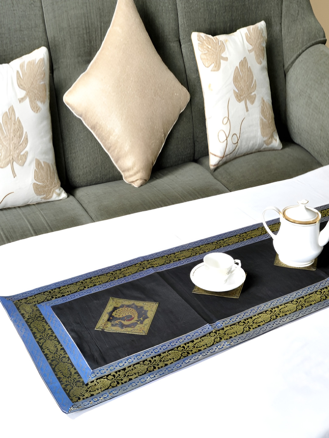 

Lal Haveli Black & Metallic Toned Peacock Design Rectangular Table Runner